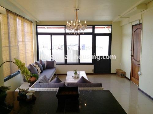 Myanmar real estate - for rent property - No.4503 - Top floor condominium room with full furniture for rent in South Okkalapa! - living room view