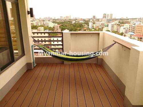 Myanmar real estate - for rent property - No.4503 - Top floor condominium room with full furniture for rent in South Okkalapa! - balcony and outside view from balcony