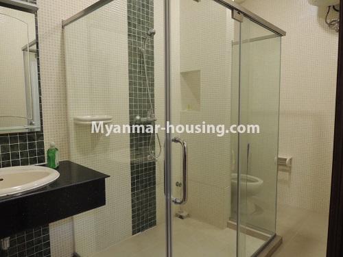 Myanmar real estate - for rent property - No.4699 - Furnished two bedroom Excellent Condominium room for rent in Dagon! - master bedroom bathroom view