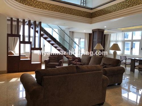 Myanmar real estate - for sale property - No.3355 - Duplex Golden Rose Condominium Penthouse for sale in Ahlone! - living room view downstairs