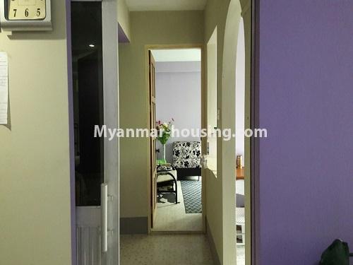 Myanmar real estate - for rent property - No.4092 - Condo room for rent in Mingalar Taung Nyunt Township. - hallway to living room to kitchen.