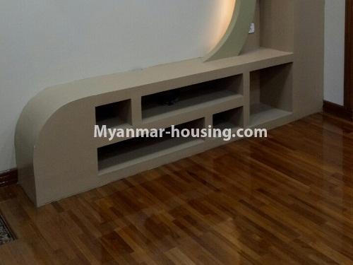 Myanmar real estate - for rent property - No.4223 - Condo room for rent in Downtown! - living room TV stand and floor view