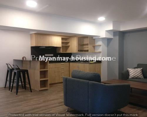 Myanmar real estate - for rent property - No.4356 - Serviced room for rent in Kamaryut! - living room and kitchen area