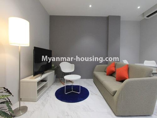 Myanmar real estate - for rent property - No.4430 - One bedroom serviced apartment on Upper Pansodan road in Mingalar Taung Nyunt! - living room