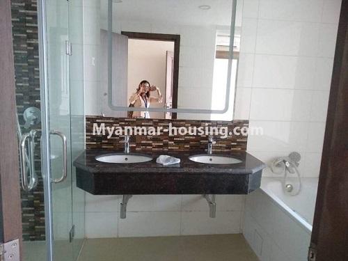 Myanmar real estate - for rent property - No.4508 - Furnished new condominium room in KBZ Tower for rent in Sanchaung! - master bedroom bathroom view