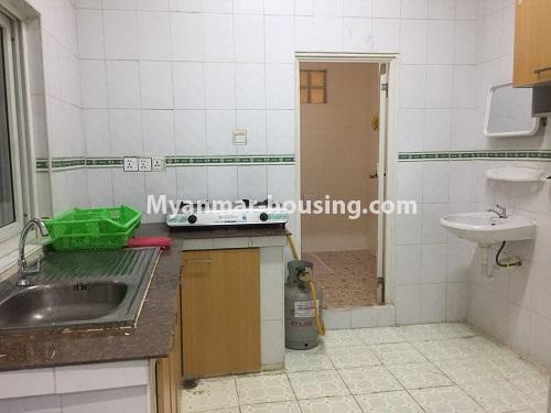 Myanmar real estate - for rent property - No.4525 - Three bedroom condo room near Hledan Junction in Kamaryut! - kitchen and compound bathroom view