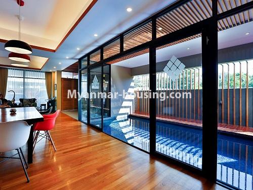 Myanmar real estate - for rent property - No.4543 - New Modern Landed House with swimming pool and gym in the compound for rent in Thin Gann Gyun! - ground floor and swimming pool view