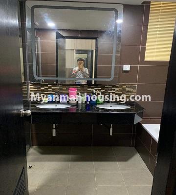 Myanmar real estate - for rent property - No.4895 - Furnished New Condominium Room in KBZ Tower for rent in Sanchaung! - bathroom view
